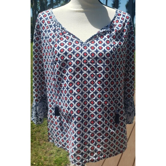 Tommy Bahama Geo Floral Tunic Blouse Cotton Split Neck Medium Tie Tassels Blue - Picture 2 of 16